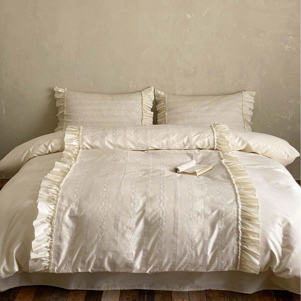 法式风全棉水洗四件套白月光奶白蝴蝶结提花被套