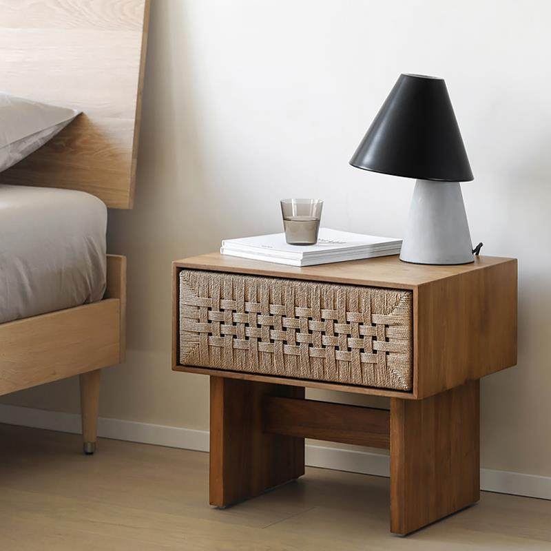 藤绳编原木床头柜北欧橡木边几侘寂风覆古风黑胡桃木纯实木床边柜,住宅家具,床头柜,淘宝优惠券,粉丝福利购,淘宝优惠卷