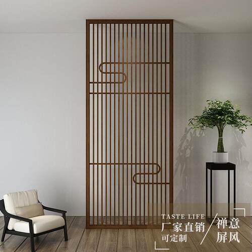新中式实木屏风玄关隔断推拉门 日式风格格栅客厅遮挡设计