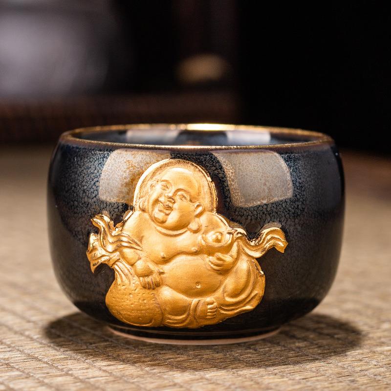 建盏24K金牛金佛杯主人茶杯个人杯陈为椿大师陶瓷杯手工杯窑变杯