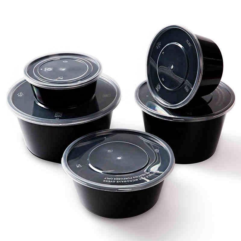 OF9D黑色一次性餐盒圆形1000ml水果汤碗便当快餐炒饭外卖打包盒带