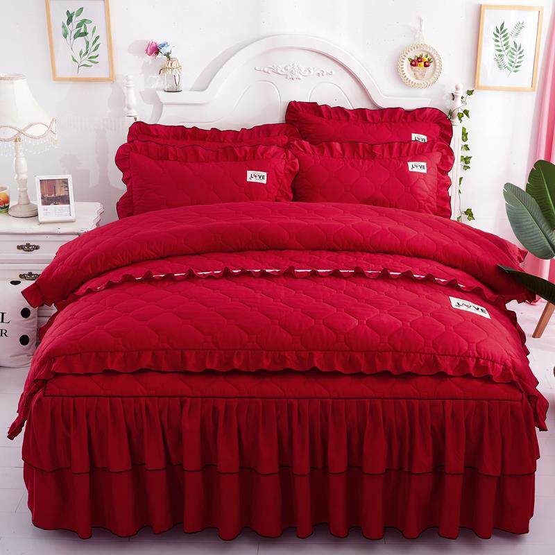 正品全套网品夹棉加厚纯红款床裙式四件套全棉棉床罩被套公主风床