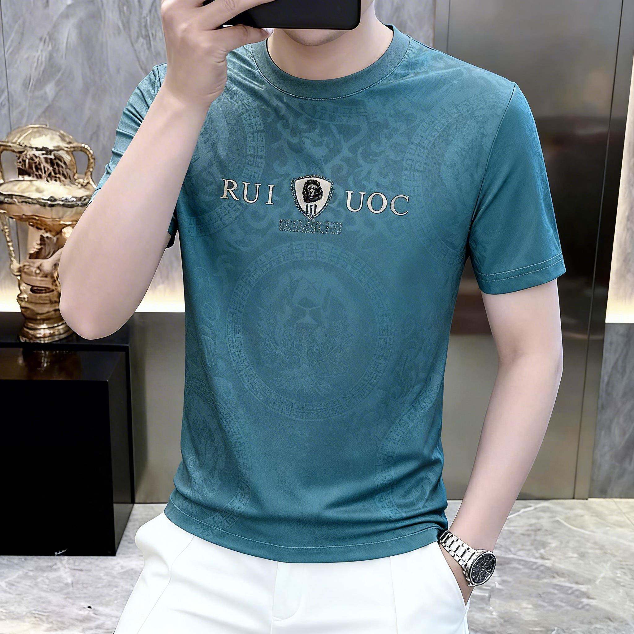 夏季速干冰丝短袖t恤男高端烫钻2026新款潮流男士宽松圆领体恤薄