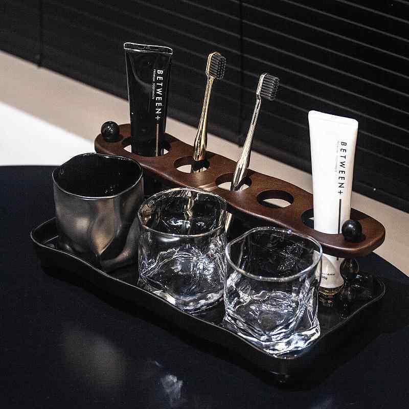 漱口杯电动牙刷置物架一家三口牙刷架中古风化妆室侘寂风刷牙杯