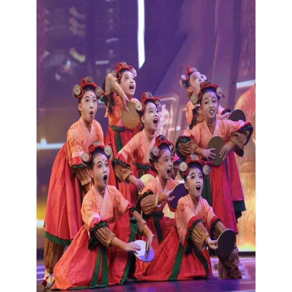 执镜佣演出服儿童云川之舞汉唐舞蹈小陶佣表演服古典襦裙铜镜道具