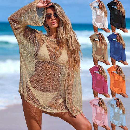2026 Summer Women Sheer Shiny Cutout Beach Cover Up Off