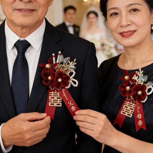新郎新娘胸花结婚用酒红丝绒高级感父亲母亲胸针全套家人婚礼襟花