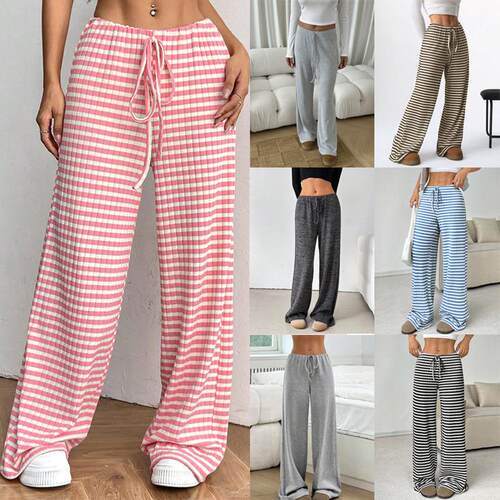 Women's Plain Drawstring Waist Wide Leg Pants Casual Comfy