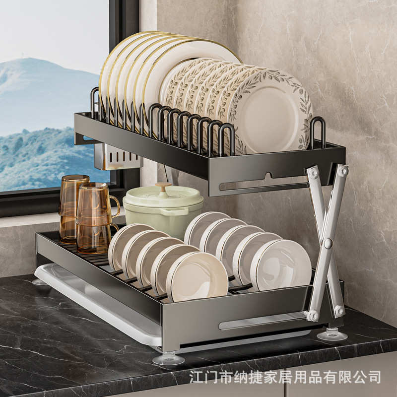 不锈钢双层厨房碗架免安装收纳置物架台面折叠沥水碗碟架子