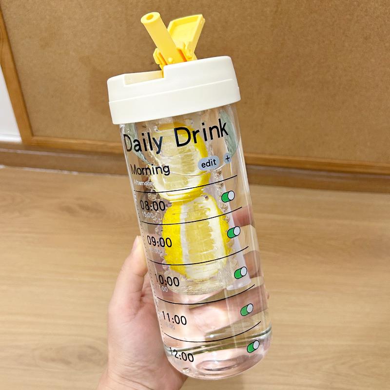 夏日玻璃水杯2025新款大容量高颜值吸管杯提醒喝水茶水分离办公室