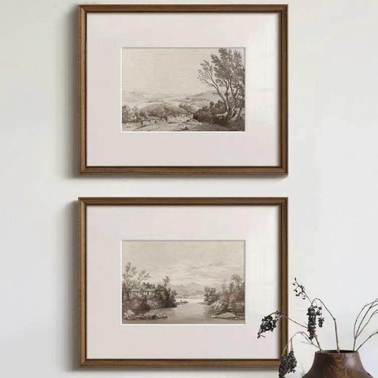 风景素描版画法式黑白复古客厅装饰画美式中古风餐厅玄关走廊挂画
