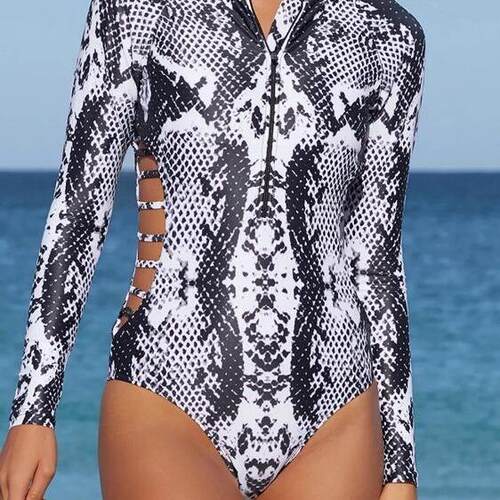 Women's zipper long sleeved one-piece swimsuit snake print