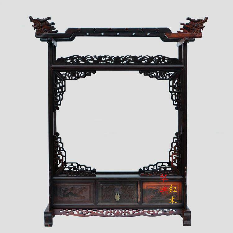 工艺品红酸枝毛笔玉挂双排10针头笔架带抽屉木雕摆件