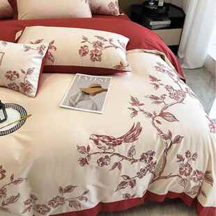 法式田园复古100支贡缎澳棉四件套纯棉花鸟刺绣被套床上用品