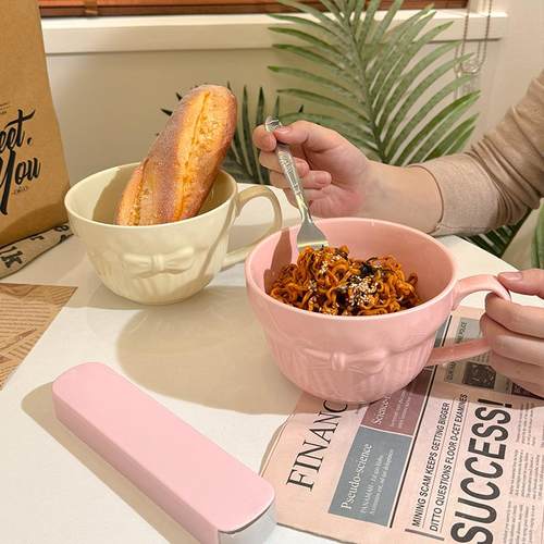 韩国ins风早餐碗微波炉带把手汤碗学生宿舍带盖饭碗大容量螺蛳粉