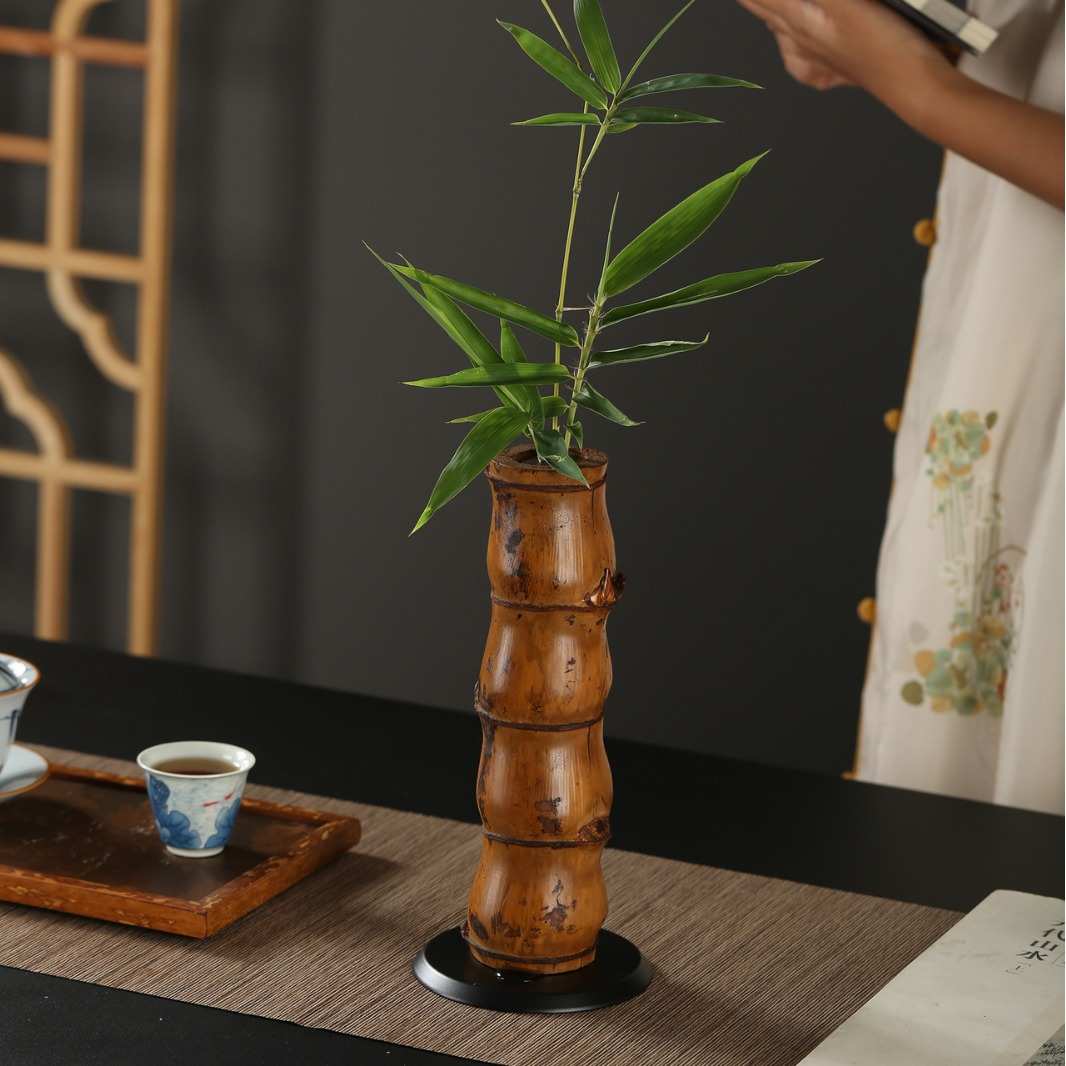 禅意铁佛器竹筒摆件花中式花瓶水培花盆器皿竹大漆肚插花艺