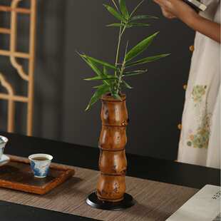 禅意铁佛器竹筒摆件花中式花瓶水培花盆器皿竹大漆肚插花艺