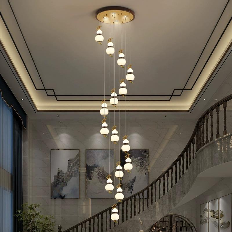 新中式梯梯灯旋楼转复式楼969吊灯古典实木葫约芦六头吊灯简轻奢