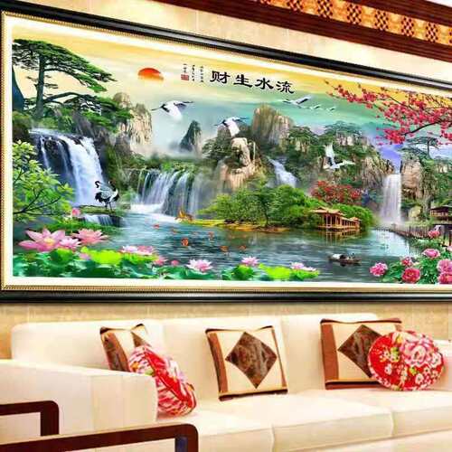 新款山水大画流水生财十字绣2023新款印花大幅线绣十字绣自己绣