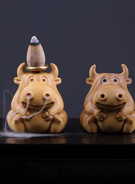 绿檀木手工雕刻打磨牛气冲天倒流香茶桌萌趣茶宠摆件香插装工艺品