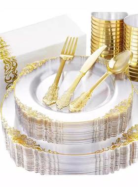 175个套装外贸一次性餐具新款浮雕龙纹金边盘酒杯刀叉勺PS硬塑料