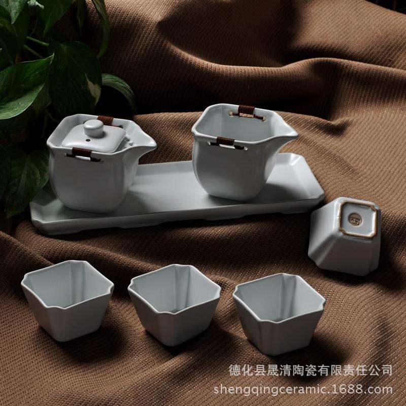 汝窑陶瓷四方壶7件套茶具套装开片仿宋汝瓷功夫汝窑茶具套装