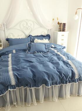 高档韩式四套全棉纯白色贡公主风床单件纯棉被用套缎1.8m床裙式床