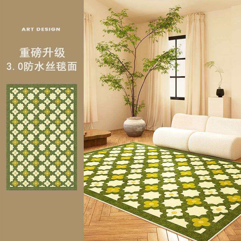现代中古风客厅绿色格子地毯美式沙发茶几毯防水防污耐脏卧室地垫