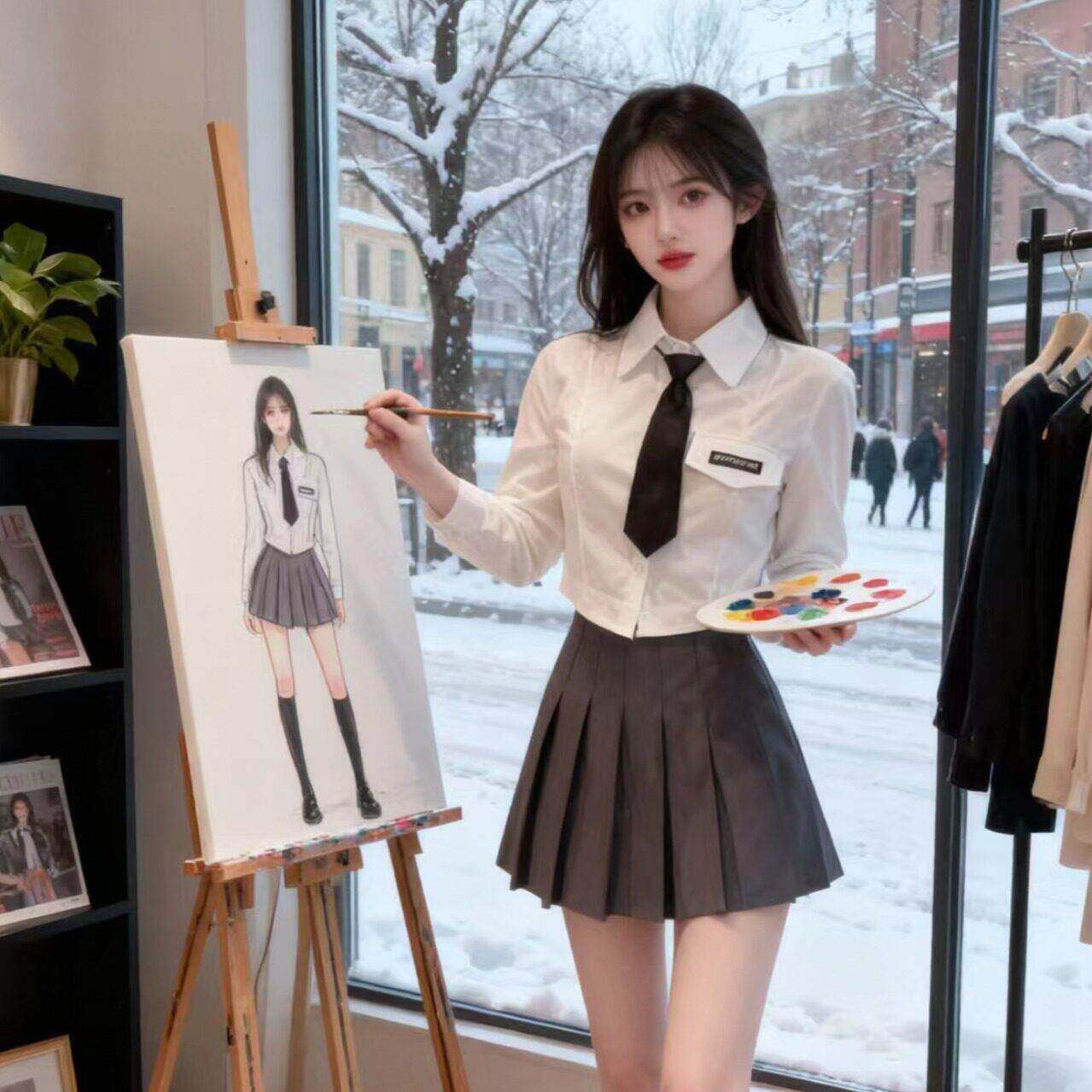 2026春季新款学院风白色衬衫女长袖制服纯欲衬衣短款领带工作服
