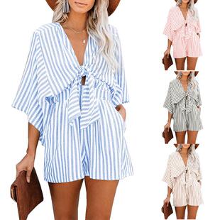 Womens Striped Print Knot Front Romper Casual Batwing