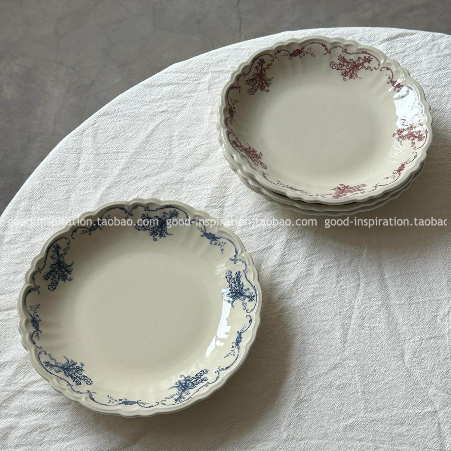 出口英国原单 釉下彩法式中古花卉陶瓷甜品盘蛋糕盘子西餐盘复古