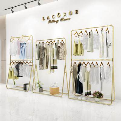 金色立式服装店展示架双层男女童装店陈列货架落地式挂衣架升降架
