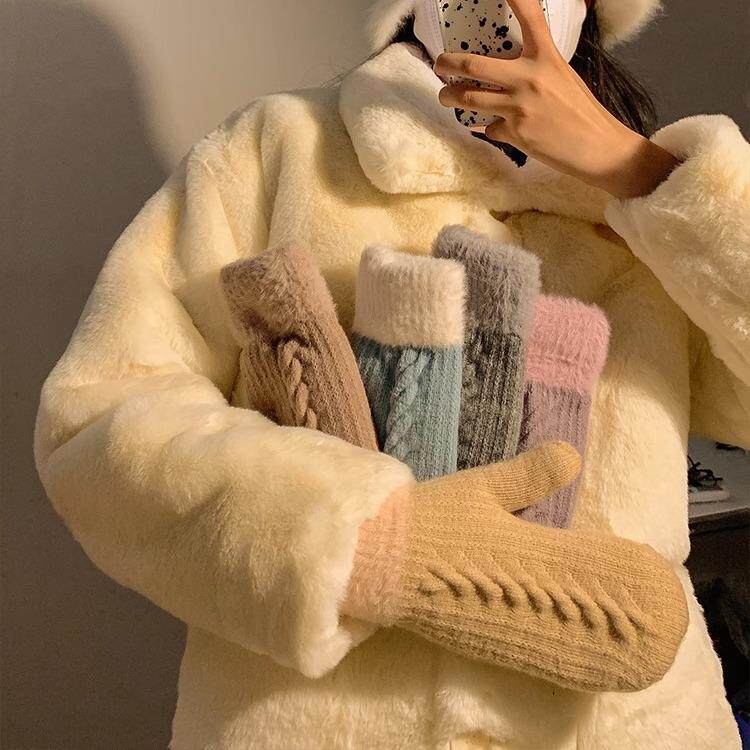 韩版男女款手套冬情侣加绒加厚可爱防寒保暖简约全指连指骑行学生