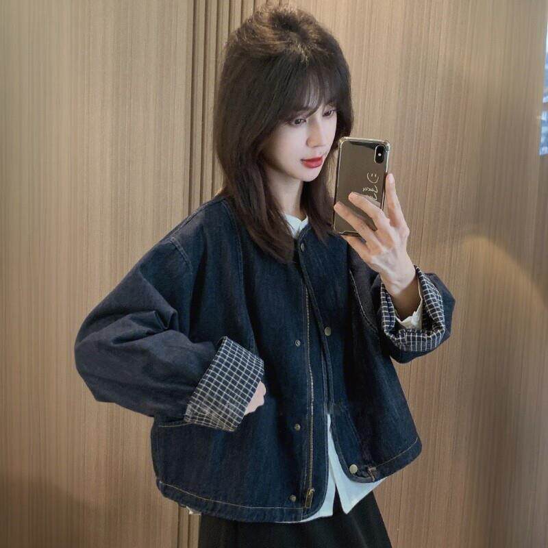 欧洲站2026年春秋新款复古小众百搭洋派圆领格子长袖牛仔外套女潮