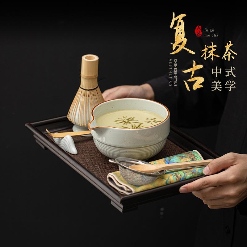 复古斑点螺纹抹茶套装八件套陶瓷点茶碗百本立茶筅立仿宋点茶工具