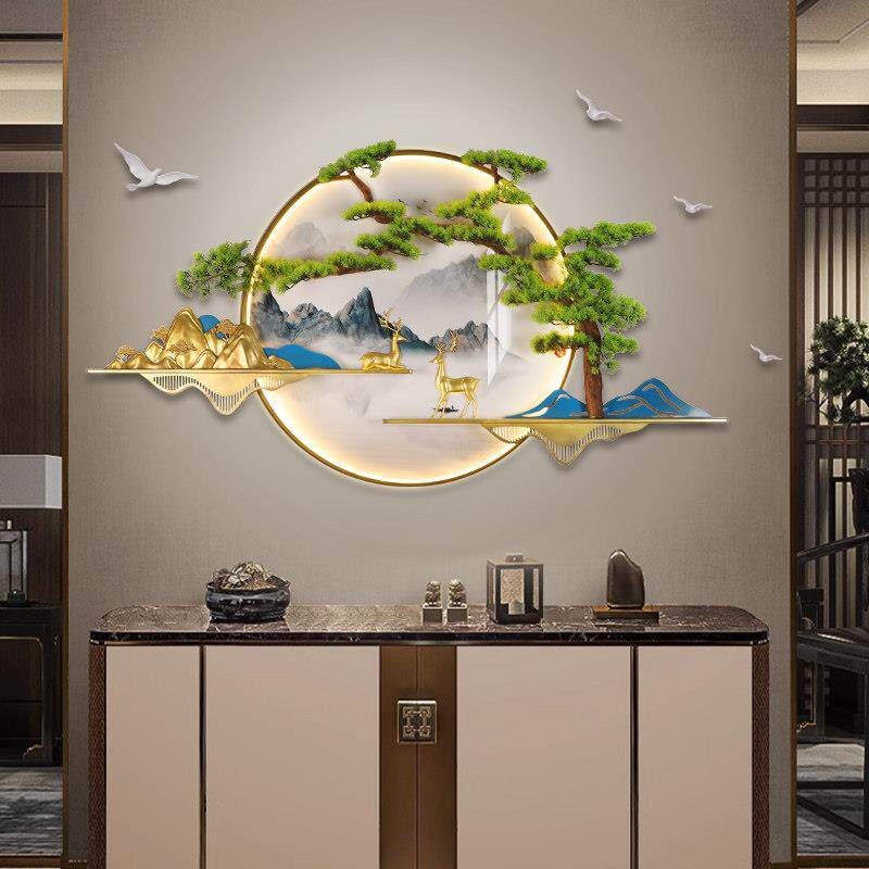 新中式沙发背景墙装饰画 画立体迎客松灯光茶室壁饰入户玄关山水