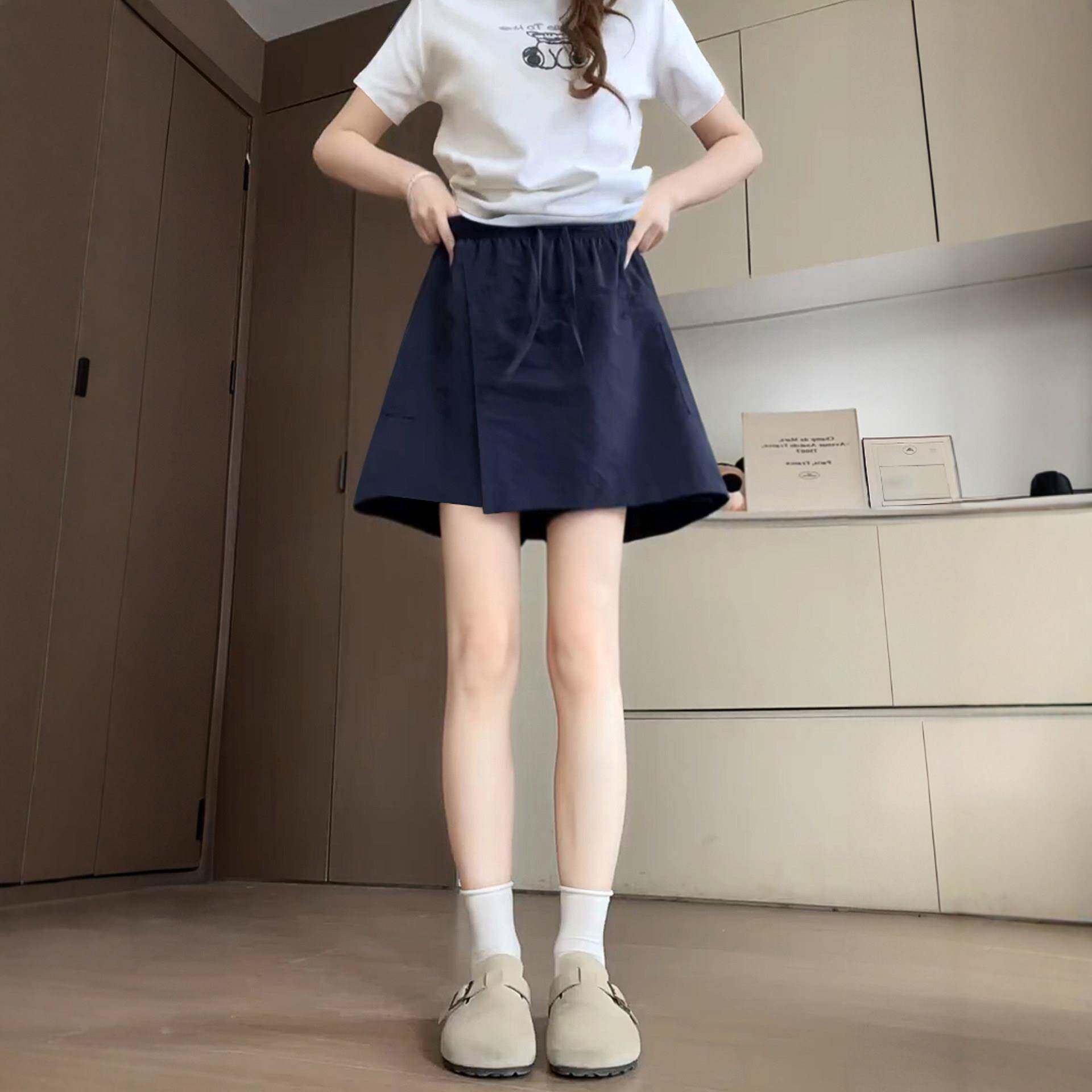 藏青色山本工装裙裤女夏季薄款大尺码胖mm高腰遮胯显瘦a字五分裤