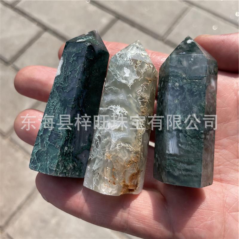 天然水晶绿水草玛瑙洞水晶柱手工抛光六棱单尖柱桌面摆件