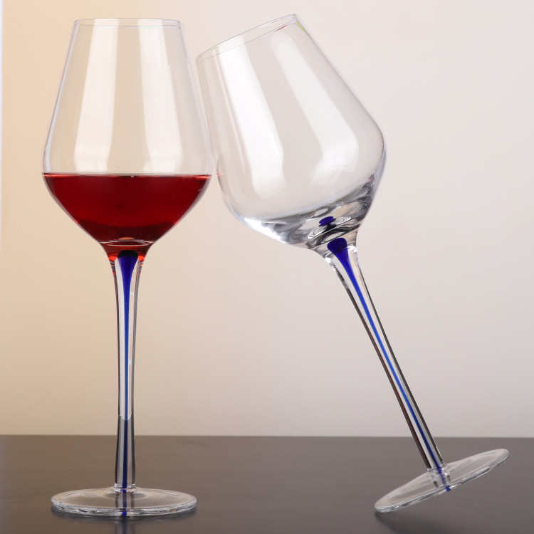 蓝杆手工水晶红酒杯高脚杯波尔多葡萄酒杯两支礼品盒装可做LOGO
