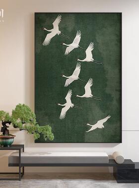 新中式中国风仙鹤禅意复古绿色酒店客厅装饰画玄关壁画竖版挂画
