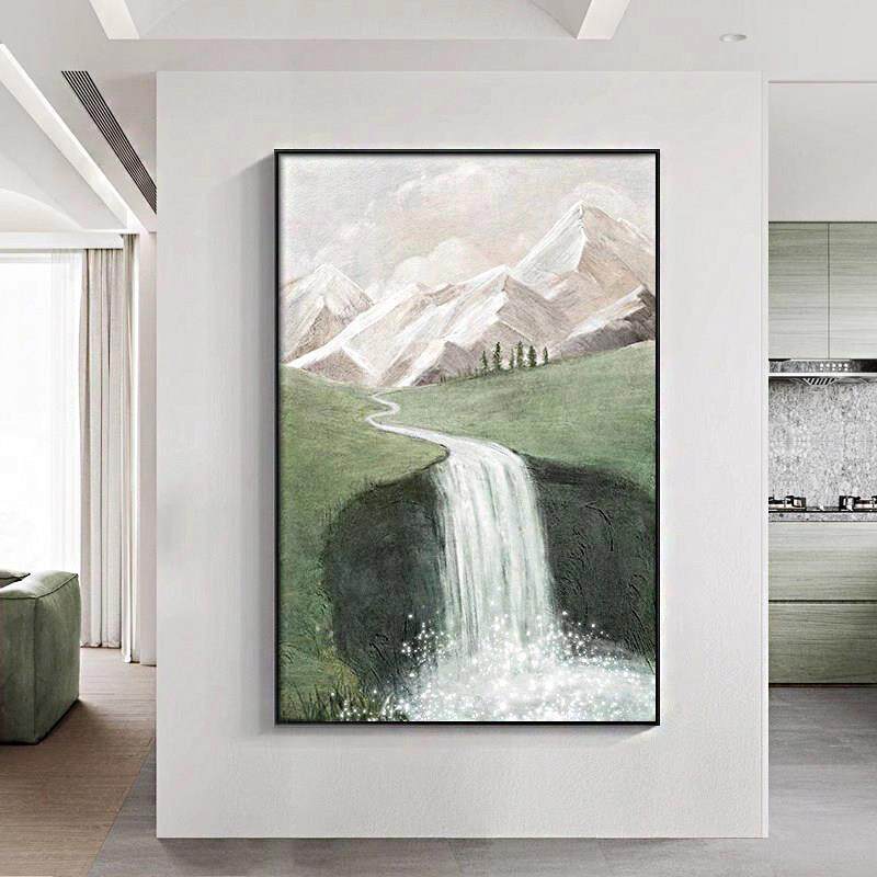 流水生财挂画现代山水绿色瀑布画小众艺术壁画客厅风景装饰画