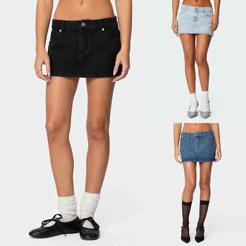 Womens Denim Skort Mini Jean Skirt Low Waisted Stretch Zip