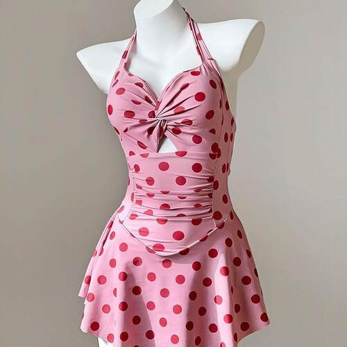 Swimsuit girl cute pink polka dot concealing flesh
