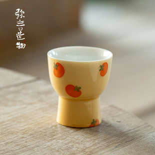 弥言手工陶瓷高足主人杯手绘柿柿如意茶杯家用喝茶杯子高颜值家用