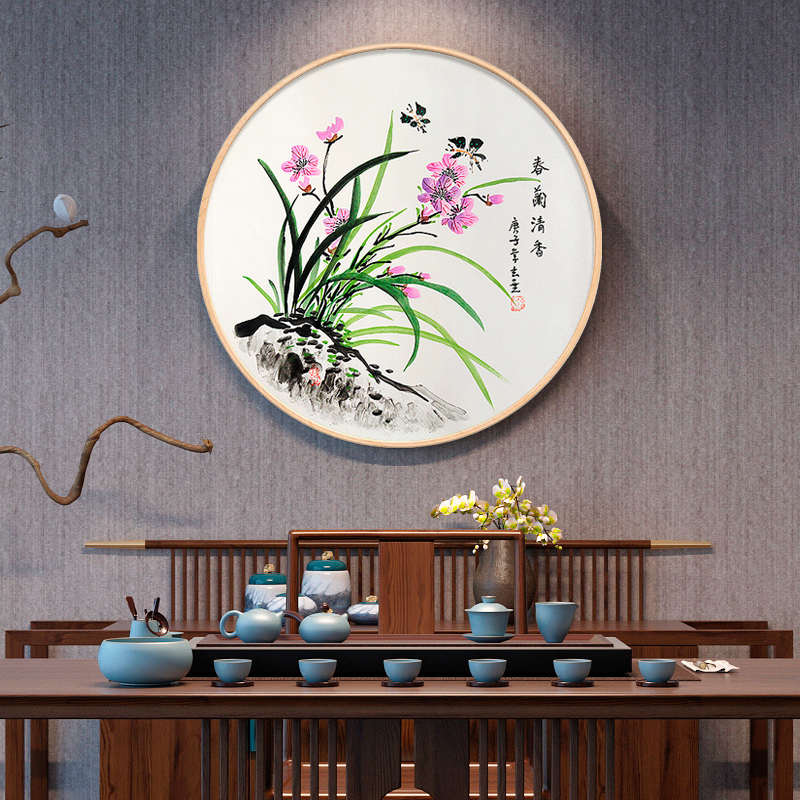 手绘牡丹国画圆形装饰画客厅卧室走道壁画餐厅花鸟玄关电表箱挂画图片