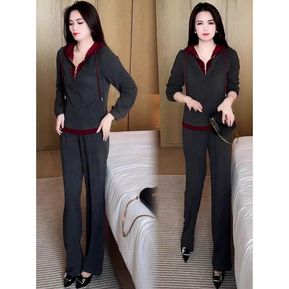 香港代购休闲运动套装女春秋新款洋气显瘦假两件卫衣阔腿裤两件套