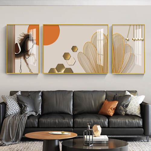 客厅装饰画三联画现代轻奢意式高档骏马壁画沙发背景墙客厅晶瓷画