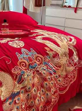 中式高档红色龙婚庆四件套凤纯全棉被GAK套大结婚陪嫁棉送礼床上