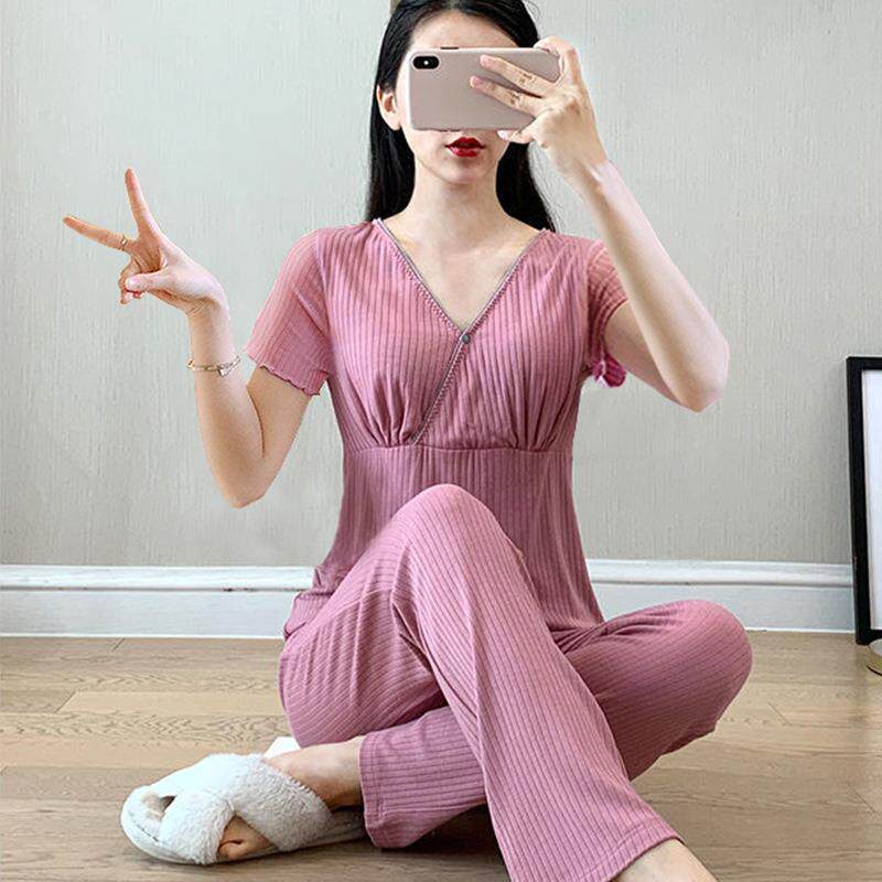 月子服哺乳短袖长裤套装孕妇睡衣夏季薄款产后家居服喂奶衣