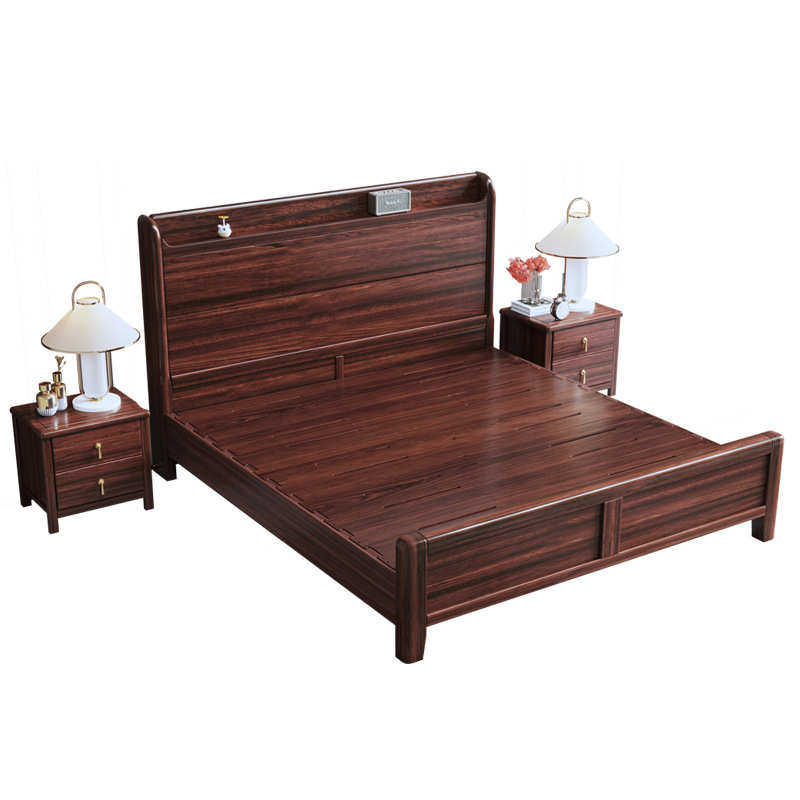 新中式乌金木1.8米双人主卧大床全实木1.5米现代简约高箱储物床